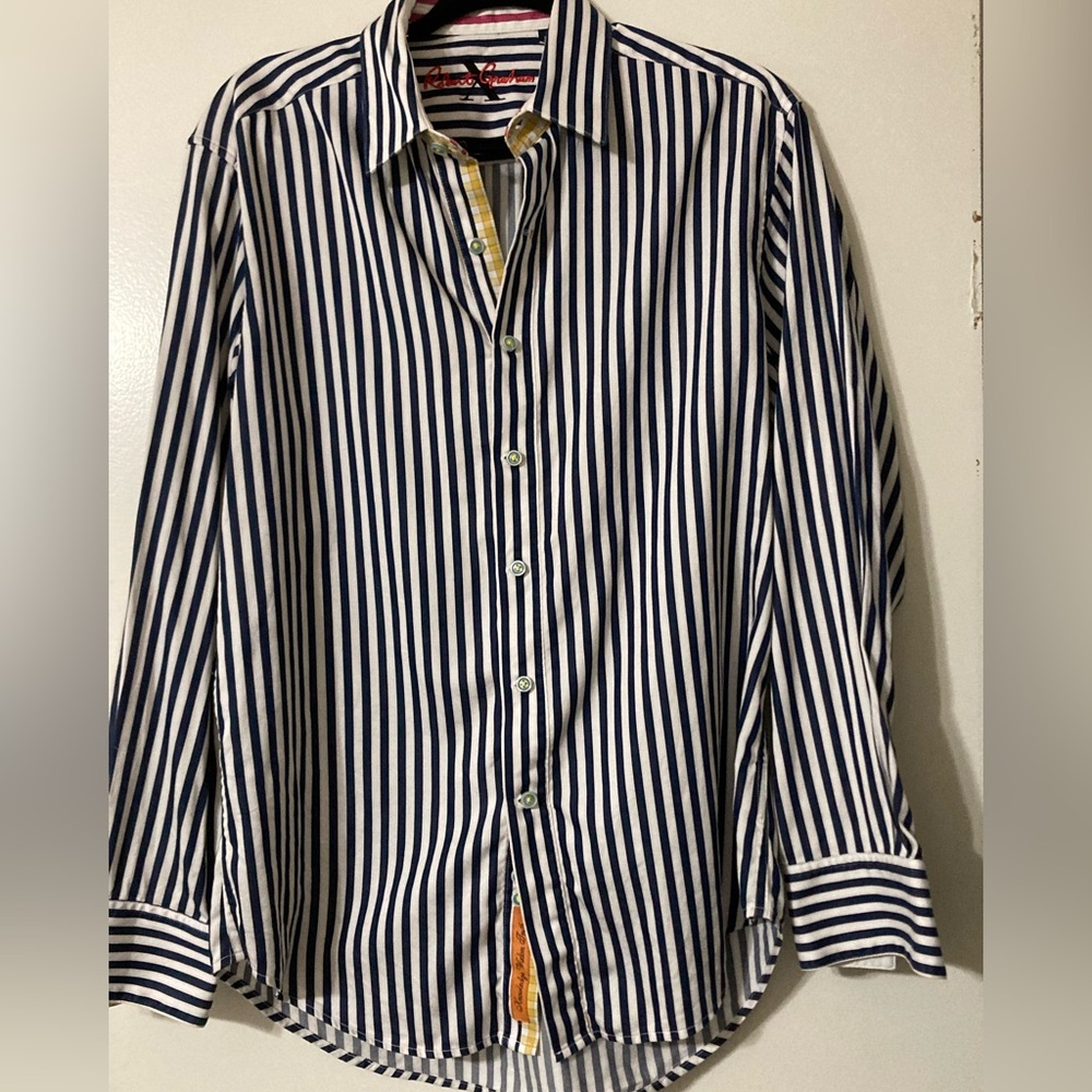 ROBERT GRAHAM KNOWLEDGE WISDOM TRUTH BLUE STRPED BUTTON DOWN FLIP CUFF SHIRT M